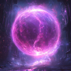 Obraz premium Vibrant cosmic sphere illuminates futuristic landscape at dusk in an engaging display of generative AI artistry. Generative AI