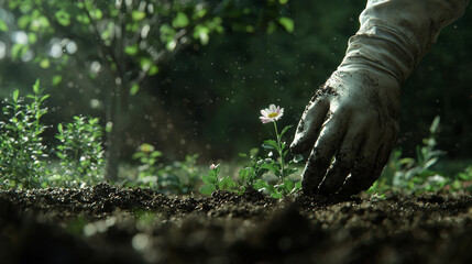 Gardener planting flowers in fertile soil