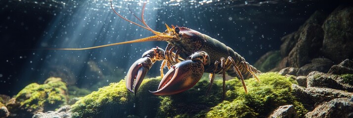 lobster perched on moss-covered rocks, with the sunbeams filtering through the water and highlighting its textured shell and long antennae