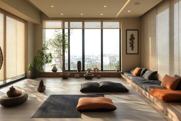 Modern meditation room with cushions and plants enjoying sunlight