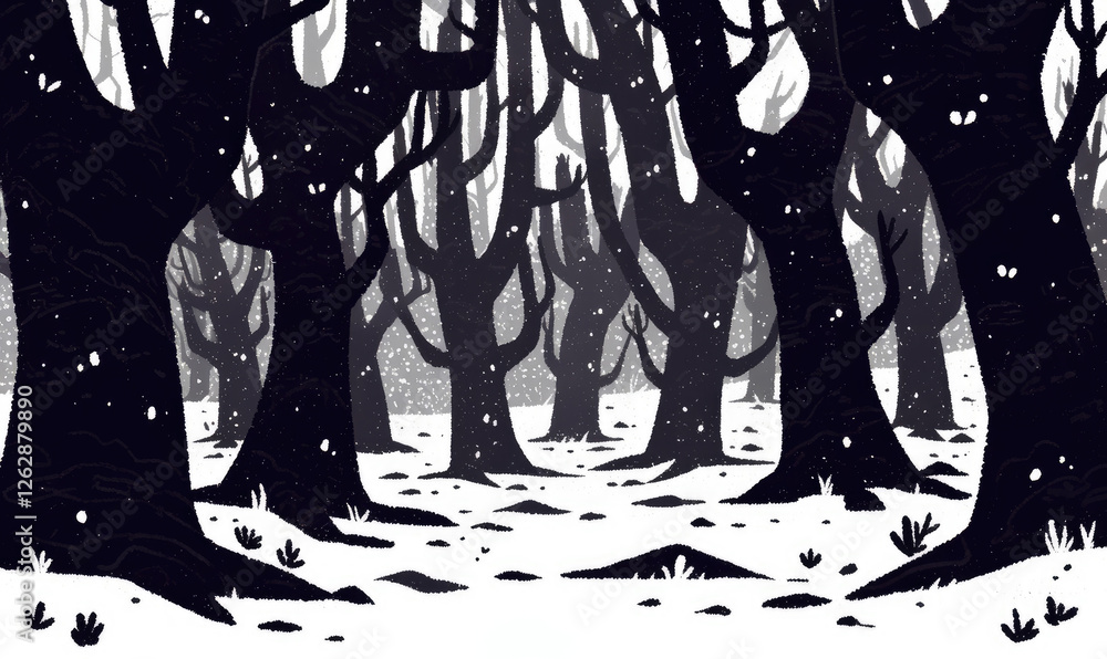 Poster snowy forest with dark, leafless trees creates mysterious and eerie atmosphere. ground is covered in
