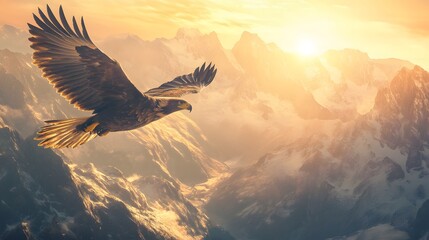 Fototapeta premium Majestic Eagle Soaring Over Mountain Landscape at Sunset Glow