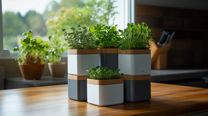 Fototapeta premium A stack of clean, square planters with different herbs