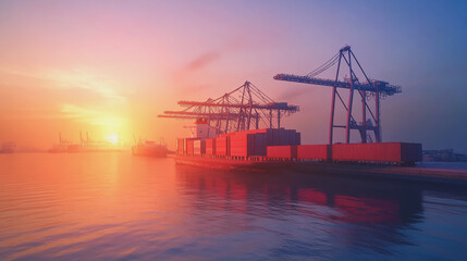 Obraz premium Container truck in ship port for business Logistics and transportation of Container Cargo ship and Cargo plane with working crane bridge in shipyard at sunrise, logistic import export and transport