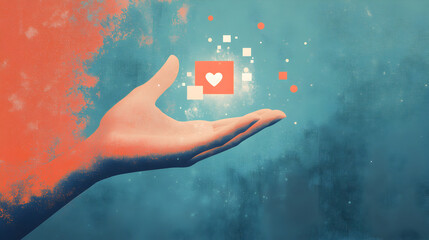 Open Hand Offering Digital Heart, Social Media Love and Connection