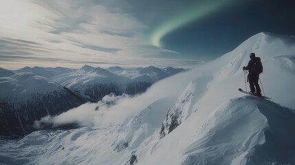 Northern Lights lighting up the Norwegian sky, their bright green and purple hues contrasting against the dark mountain peaks