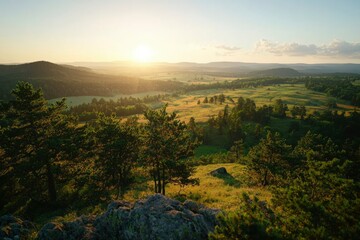 Naklejka premium Panoramic Sunset View Over Hills