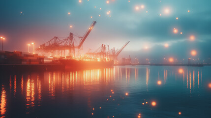 Obraz premium Container truck in ship port for business Logistics and transportation of Container Cargo ship and Cargo plane with working crane bridge in shipyard at sunrise, logistic import export and transport