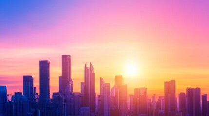 Fototapeta premium Vibrant city skyline at sunset with colorful sky, showcasing modern architecture and urban life