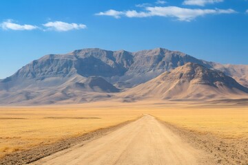 Fototapeta premium Gravel road crossing arid desert plain leading to majestic mountains in namibia