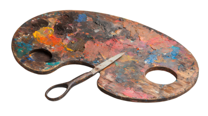 a palette of paint and a pair of scissors on a transparent background, photo PNG image, PNG file, Generative art.