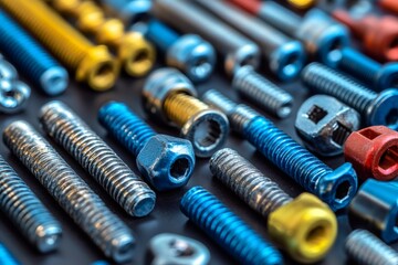 Colorful screws and bolts forming lines on a dark background