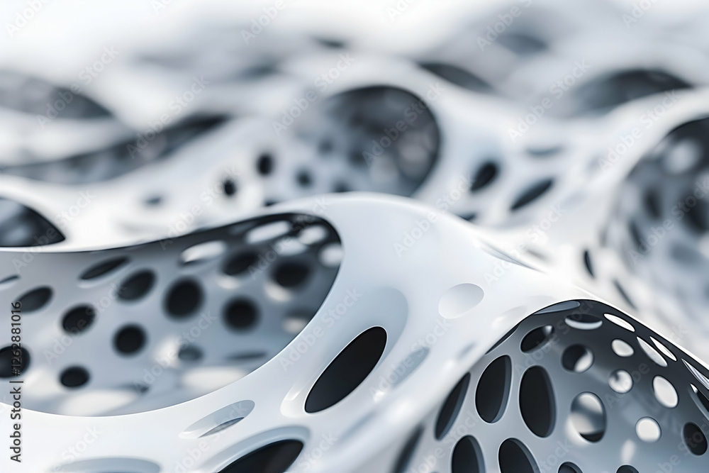Poster abstract close-up of a wavy, perforated surface in a modern design, showcasing intricate patterns