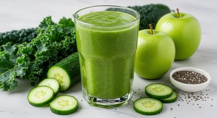 Fresh Green Smoothie with Kale, Apple, Cucumber, and Chia Seeds