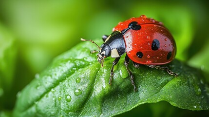 Fototapeta premium A vivid ladybug perched on a dewy green leaf, showcasing nature's beauty and intricate details.