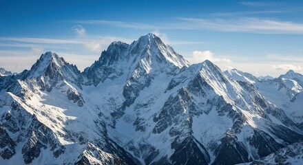 Obraz premium Snowy Mountain Peaks Under Blue Sky Majestic Alpine Landscape View