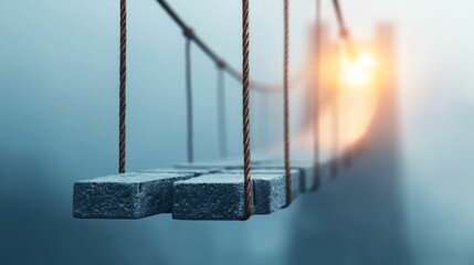 A foggy scene featuring a suspended bridge with stone slabs, highlighted by a distant warm glow, evoking a sense of mystery and adventure.