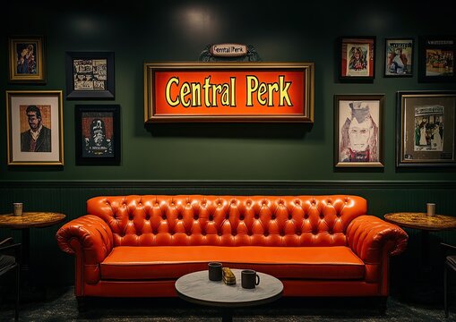 A photo of the iconic "Central Perk" sign from the TV show Friends, hanging on a dark green wall above