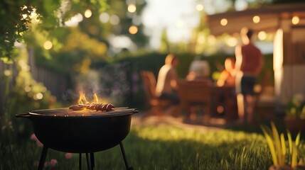 A family is enjoying the outdoors. Family having a barbecue in their backyard. Generative day with a sunny generative image. A family is lifestyle having fun outside.