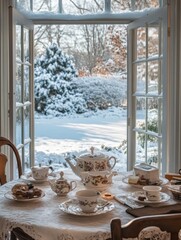Tea service arranged indoors with wintery garden view from window