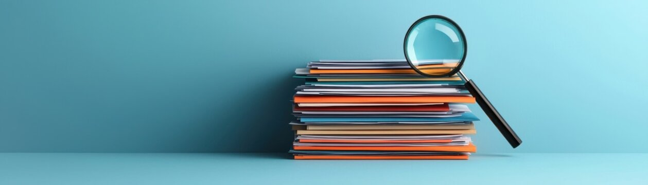 A stack of colorful folders with a magnifying glass resting on top, set against a light blue background.