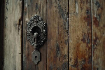 Fototapeta premium classic door handle and keyhole on a weathered wooden door, the natural grain of the wood contrasted with the smooth