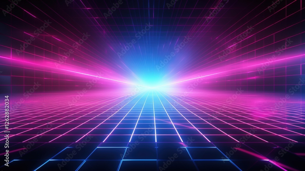 Poster a vibrant, digital landscape with glowing lines and a grid pattern, creating a futuristic, neon ambi