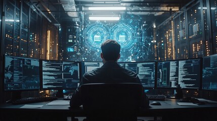 Futuristic Data Analysis in a High-Tech Control Room with Multiple Monitors Displaying Analytics and Digital Interface Elements