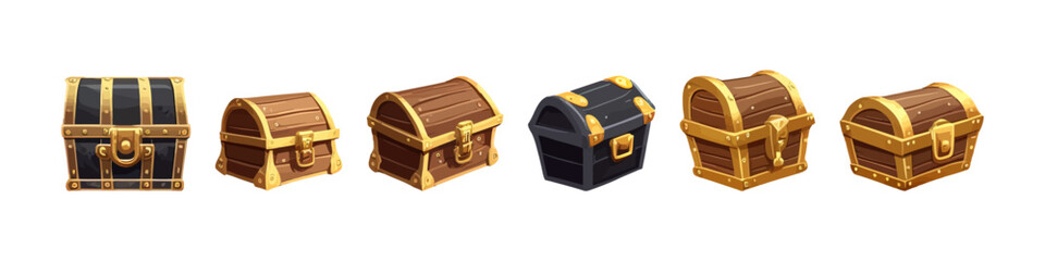 Wooden chest set. Cartoon game assets. Vector illustration.