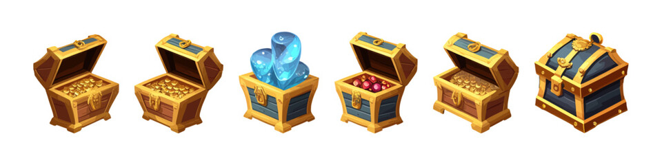 Wooden chest set. Cartoon game assets. Vector illustration.