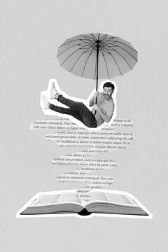 Poster creative collage of funky young guy flying landing parasol into open printed textbook learning materials