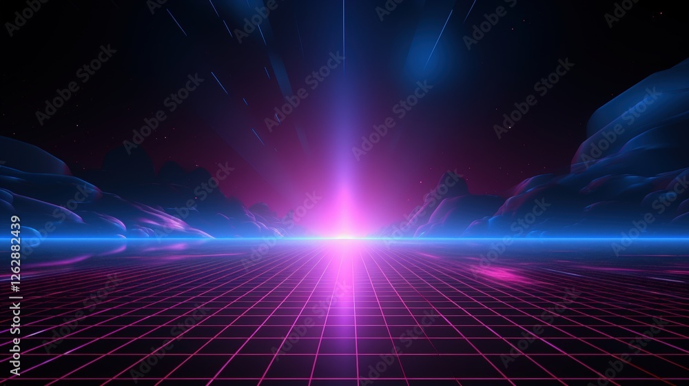 Poster a vibrant, futuristic landscape showcasing neon colors and a grid pattern, creating an immersive ret
