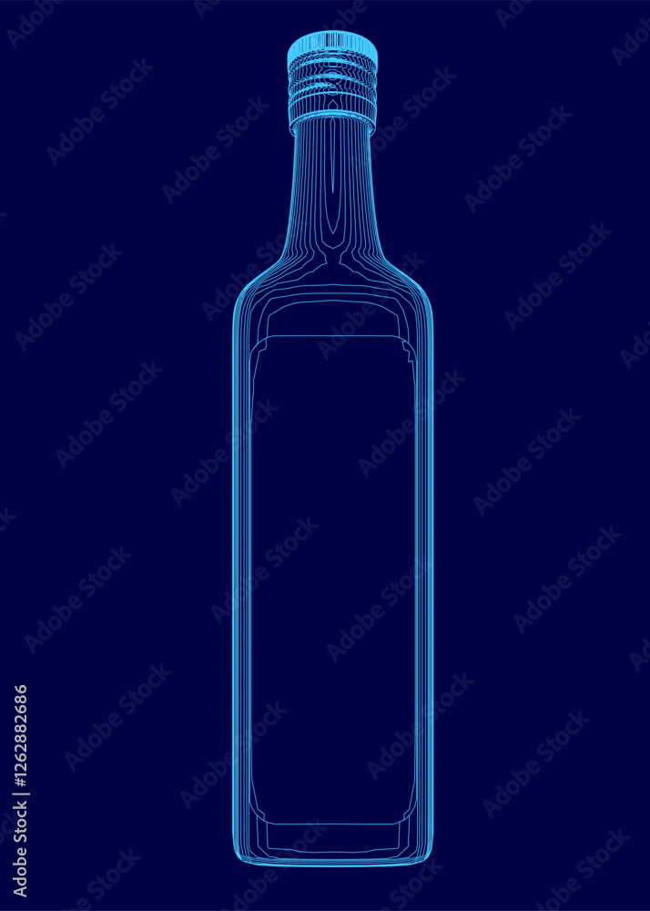 Poster a bottle of alcohol is shown in a blue background. the bottle is empty and the label is missing. the