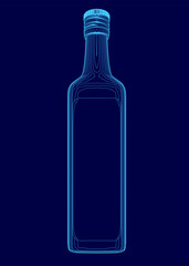 A bottle of alcohol is shown in a blue background. The bottle is empty and the label is missing. The image is a stylized representation of a bottle, with the focus on the empty bottle itself