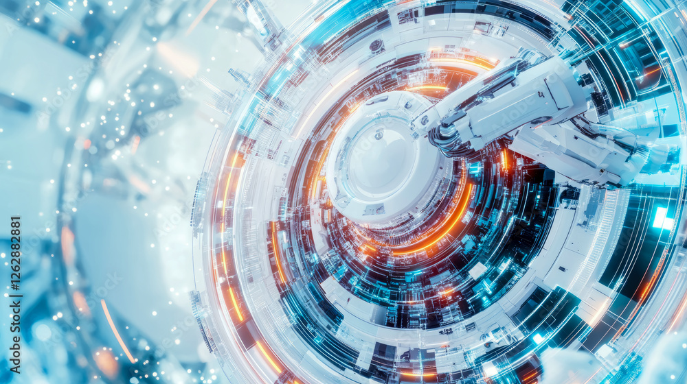 Poster orbital fabrication: futuristic robotic arm constructs a space station ring in zero gravity, glowing