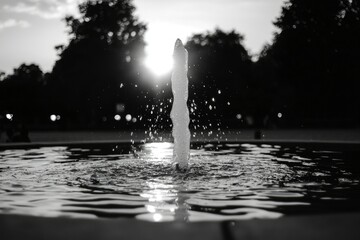 Obraz premium Fountain Spraying Water in Park at Sunset