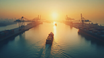 Obraz premium Container truck in ship port for business Logistics and transportation of Container Cargo ship and Cargo plane with working crane bridge in shipyard at sunrise, logistic import export and transport