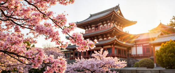 Cherry Blossom Temple framed by delicate blooms, serene spring beauty