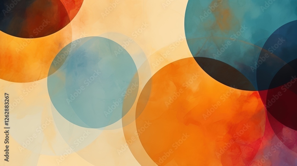 Poster abstract design featuring colorful overlapping circles in shades of orange, blue, and soft beige, cr