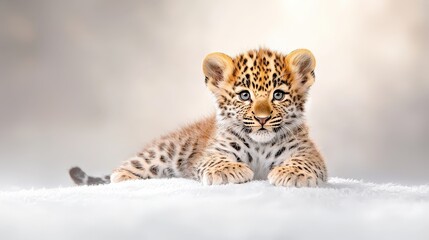 Fototapeta premium A leopard cub rests gracefully on the grey backdrop, showcasing the intricacies of spots and soft fur. The natural charm of the cub is brought into focus with full depth of field