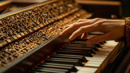 hands creating a melody on a grand piano, with the texture of the keys and the intricate reflections captured beautifully