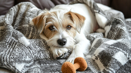 A dog resting peacefully on a cozy blanket, with a chew toy nearby, celebrating National Dog Day with some quiet time