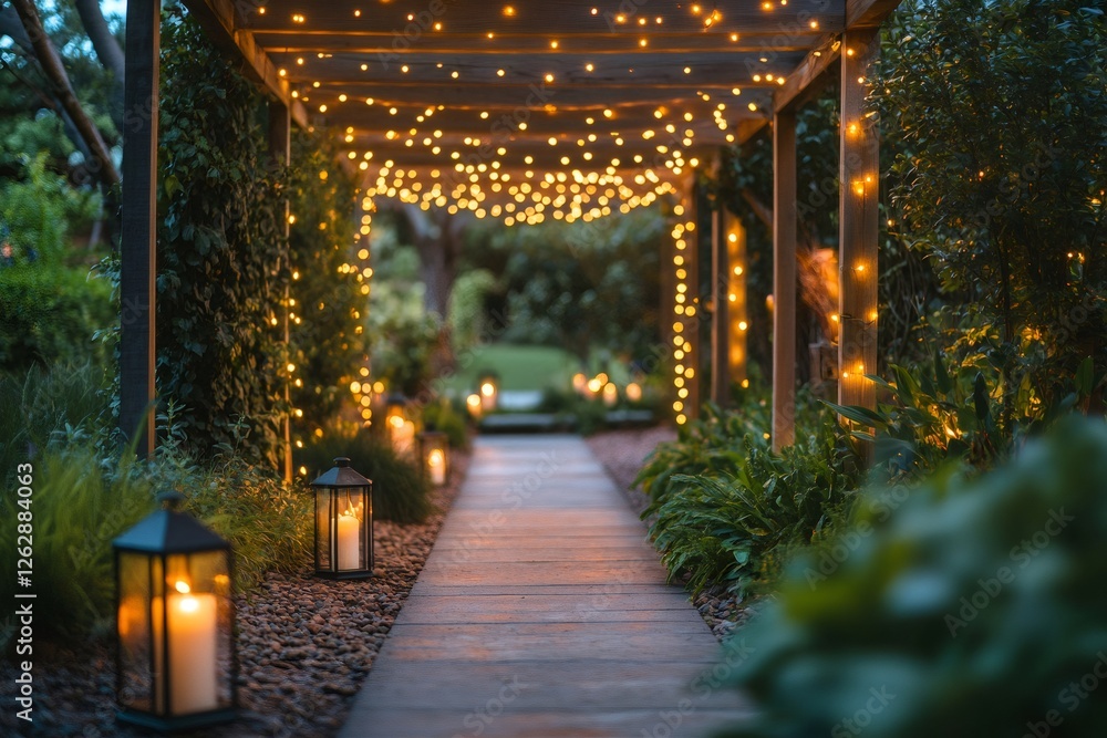Poster pathway lit by string lights and lanterns creating a romantic ambiance