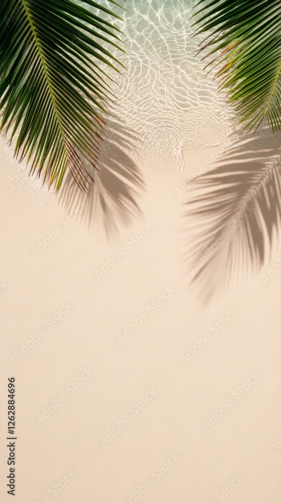 Poster palm leaves are casting shadows on the sand of a tropical beach with turquoise water in a sunny summ