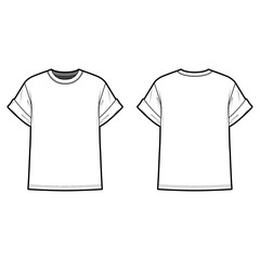 Technical flat sketch of Roll-up short sleeve T-shirt Round neck top in jersey. Vector mock up Template. 