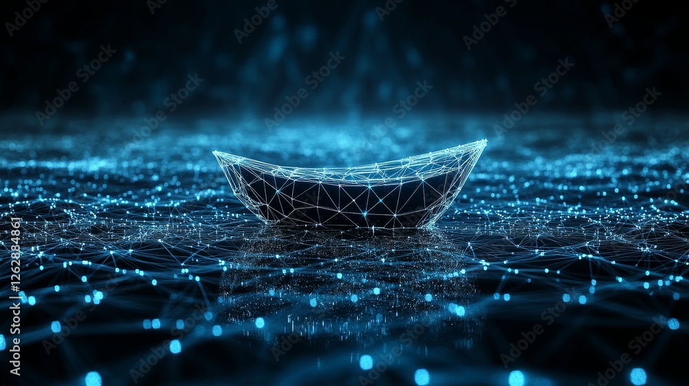 Aufkleber digital boat navigating abstract tech network innovation, connectivity, future of technology