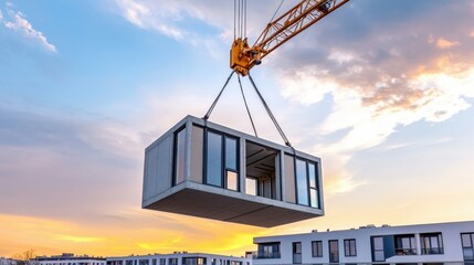 Crane Hoisting Modular Unit on Construction Site