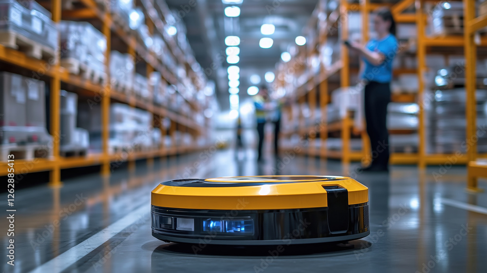 Poster autonomous delivery robot navigating through warehouse aisles surrounded by shelves of boxes and emp