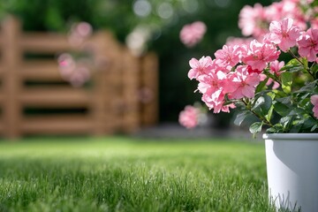 Blooming pink flowers in garden with wooden fence and green lawn