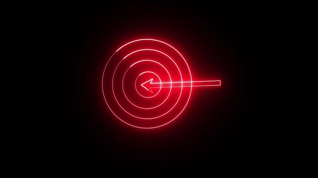 Bow arrows fly on the target animation. Aim target with arrow sign. Glowing Neon Effect Target Icon.